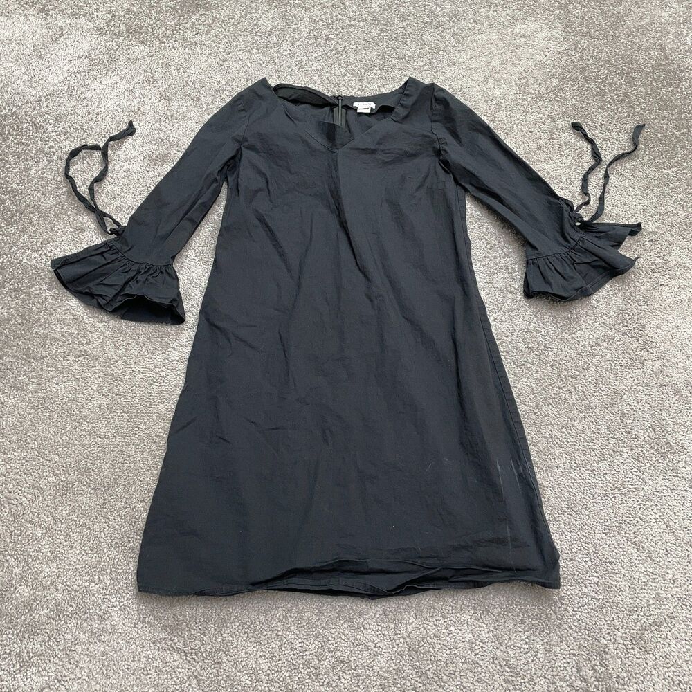 J.Crew Midi Shift Dress Womens 00 Solid Black Ruffle Tie Sleeve V-Neck Classic